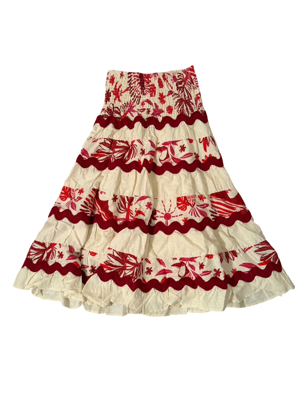 Caroline Constas Linen Scalloped Tropical Top & Midi Skirt Set Red Cream NWT - Picture 8 of 11